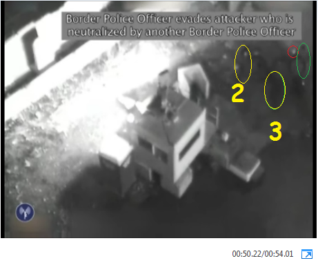 Screenshot 2 (min 0:50): shooting at Salaymeh from his right side (red circle) as he was standing in pain after the first two shots. It is not clear who is the source of the shots as the caption hides the scene.